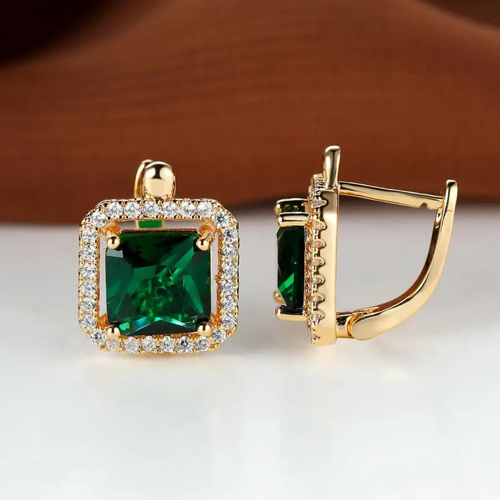 Emerald Green Square Zirconia Earrings | Rose Gold