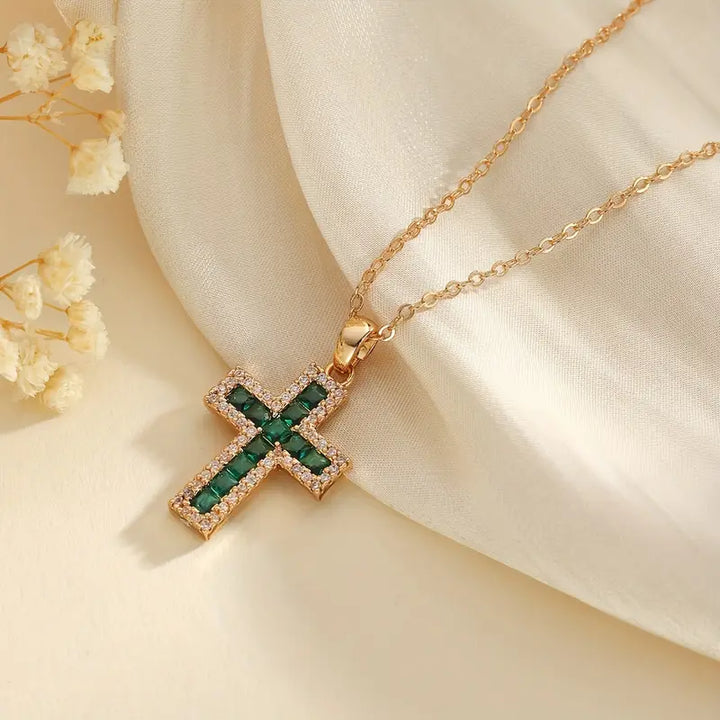 Celeste Jade Cross Pendant Necklace | Gold