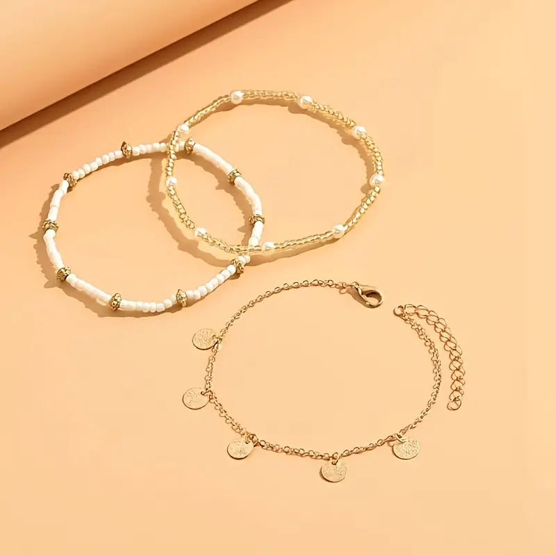 Seaside Elegance 3-Piece Tiered Anklet Collection | Gold