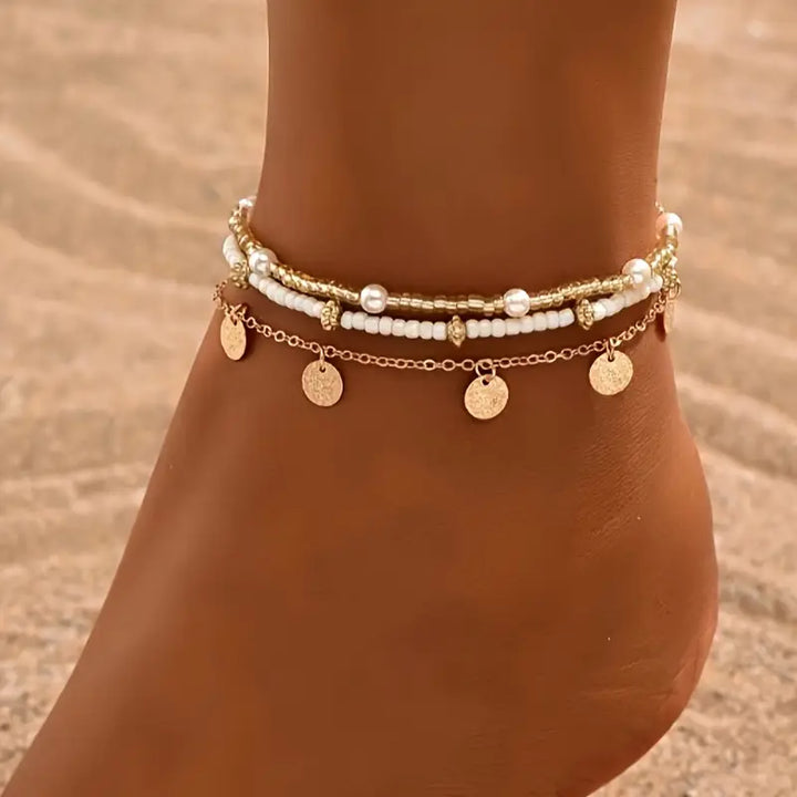 Seaside Elegance 3-Piece Tiered Anklet Collection | Gold