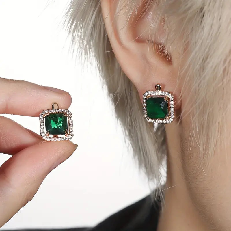 Emerald Square Cubic Zirconia Earrings | Gold